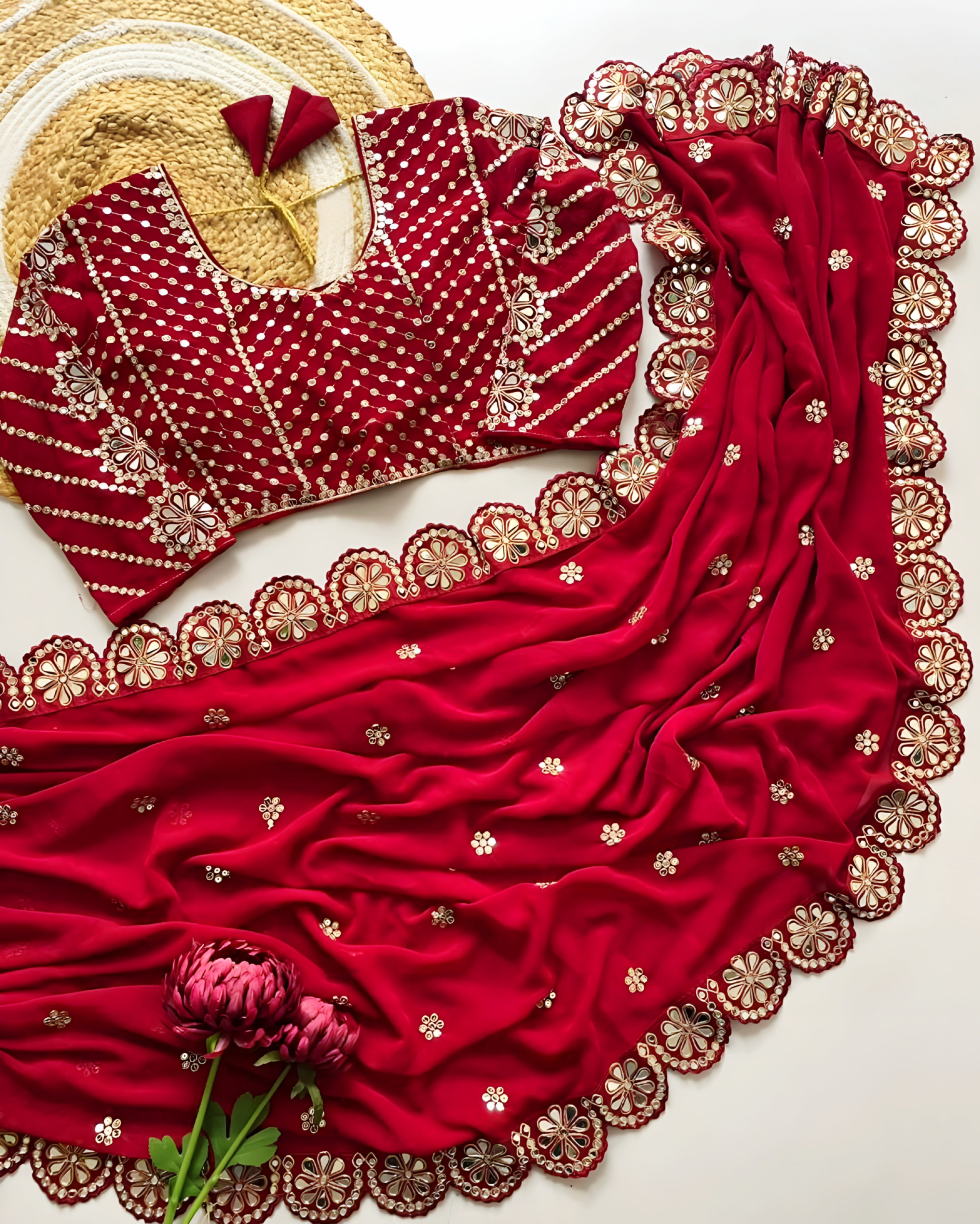 Exquisite Red Faux Georgette Saree with Real Mirror Work and Embroidery Blouse | Party Wear Saree