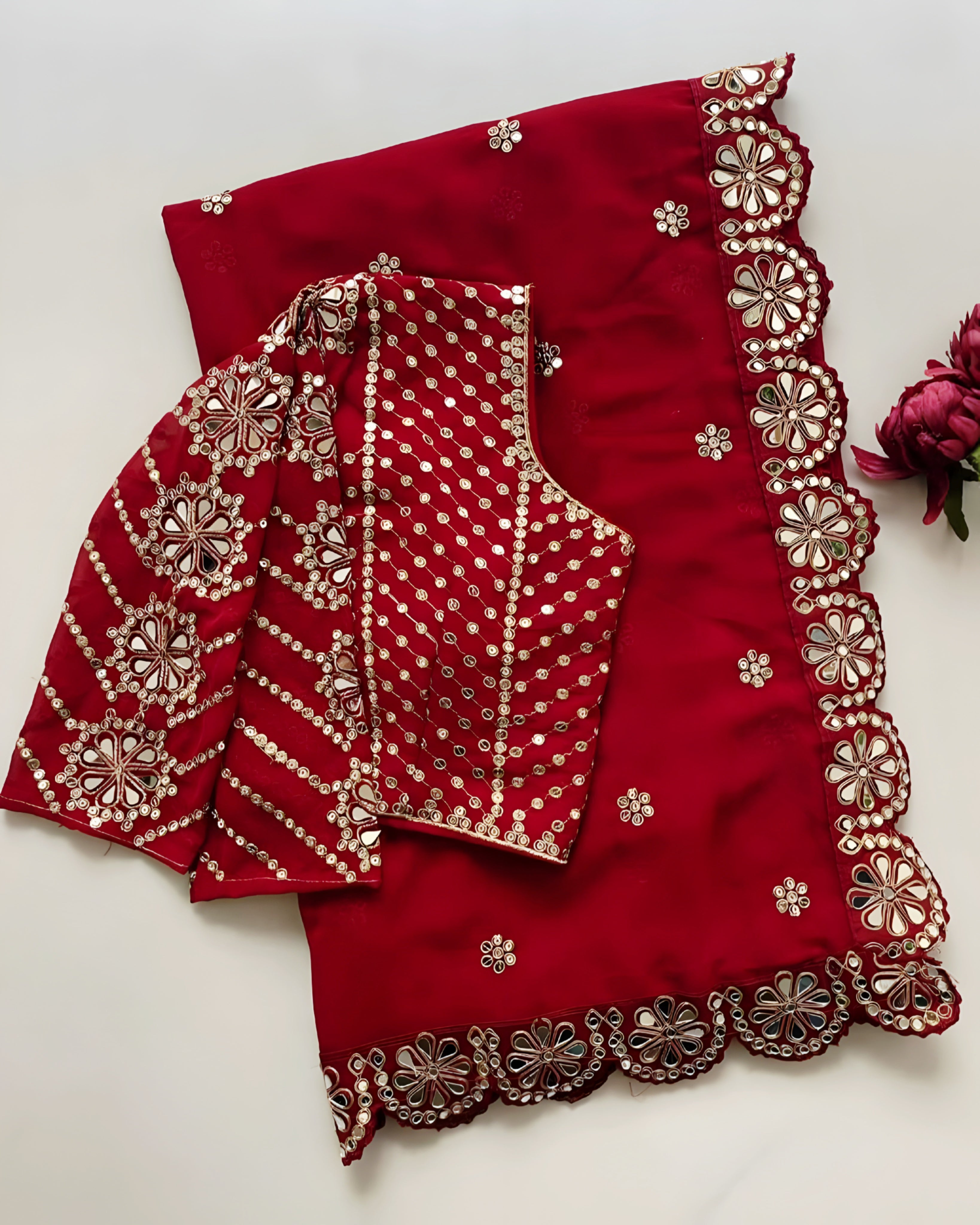 Exquisite Red Faux Georgette Saree with Real Mirror Work and Embroidery Blouse | Party Wear Saree