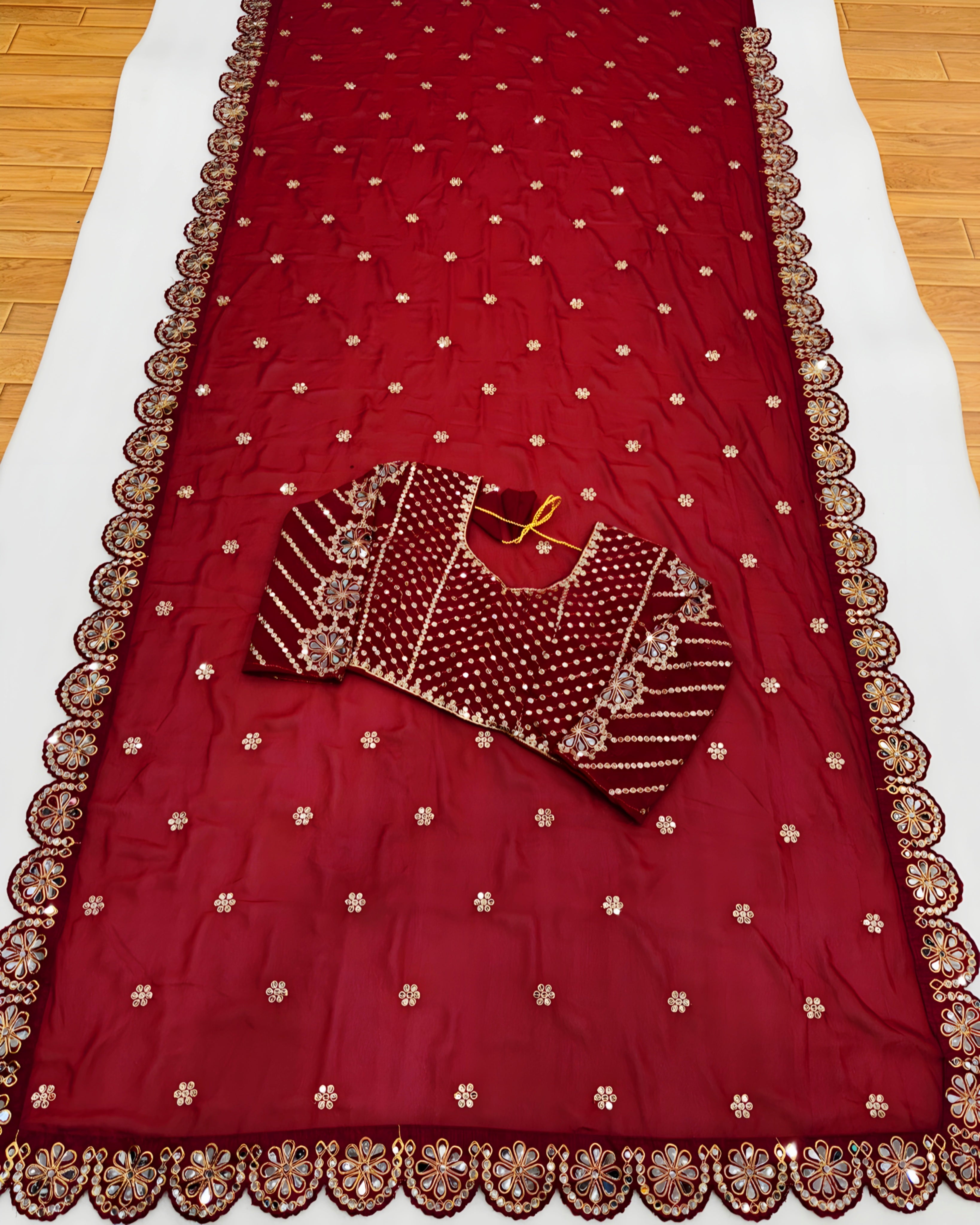 Exquisite Red Faux Georgette Saree with Real Mirror Work and Embroidery Blouse | Party Wear Saree