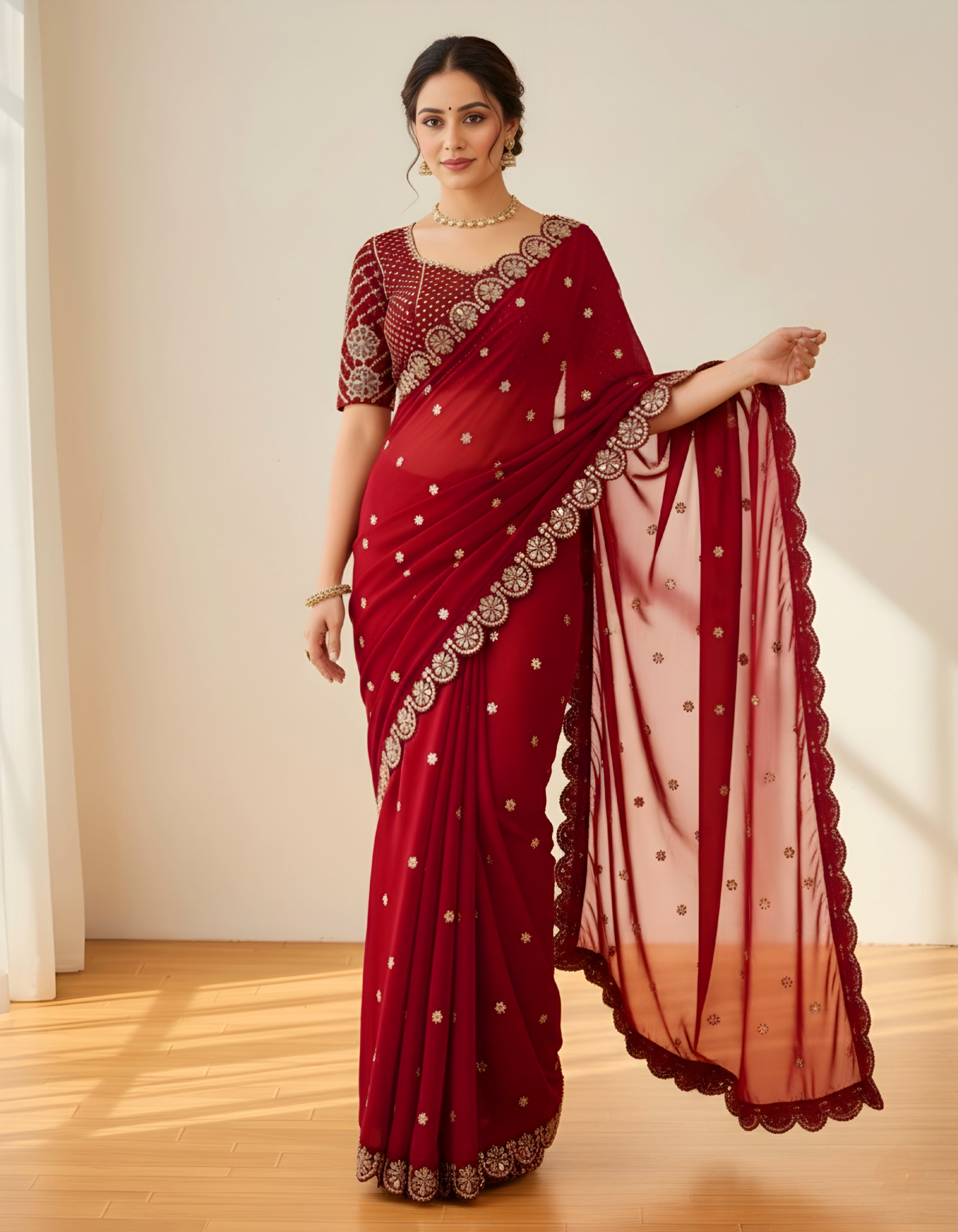 Exquisite Red Faux Georgette Saree with Real Mirror Work and Embroidery Blouse | Party Wear Saree