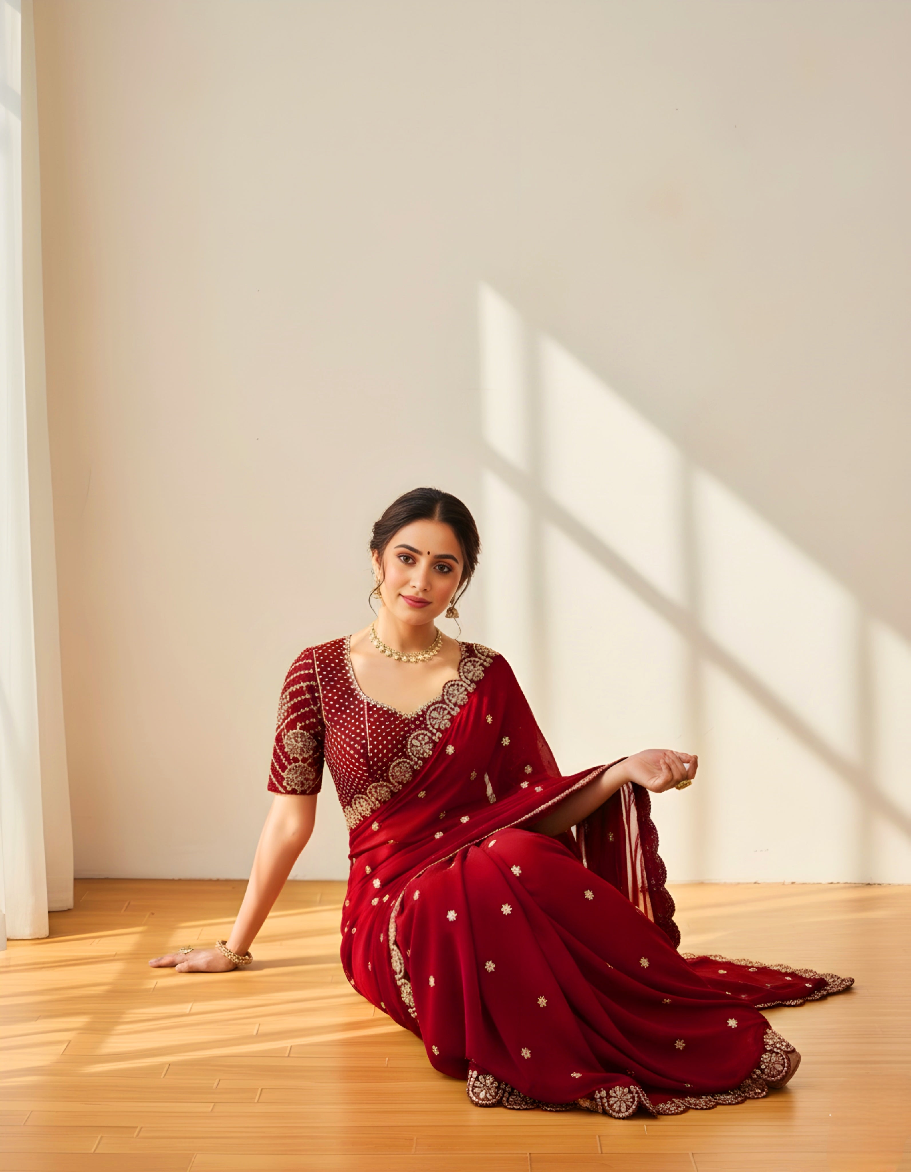 Exquisite Red Faux Georgette Saree with Real Mirror Work and Embroidery Blouse | Party Wear Saree