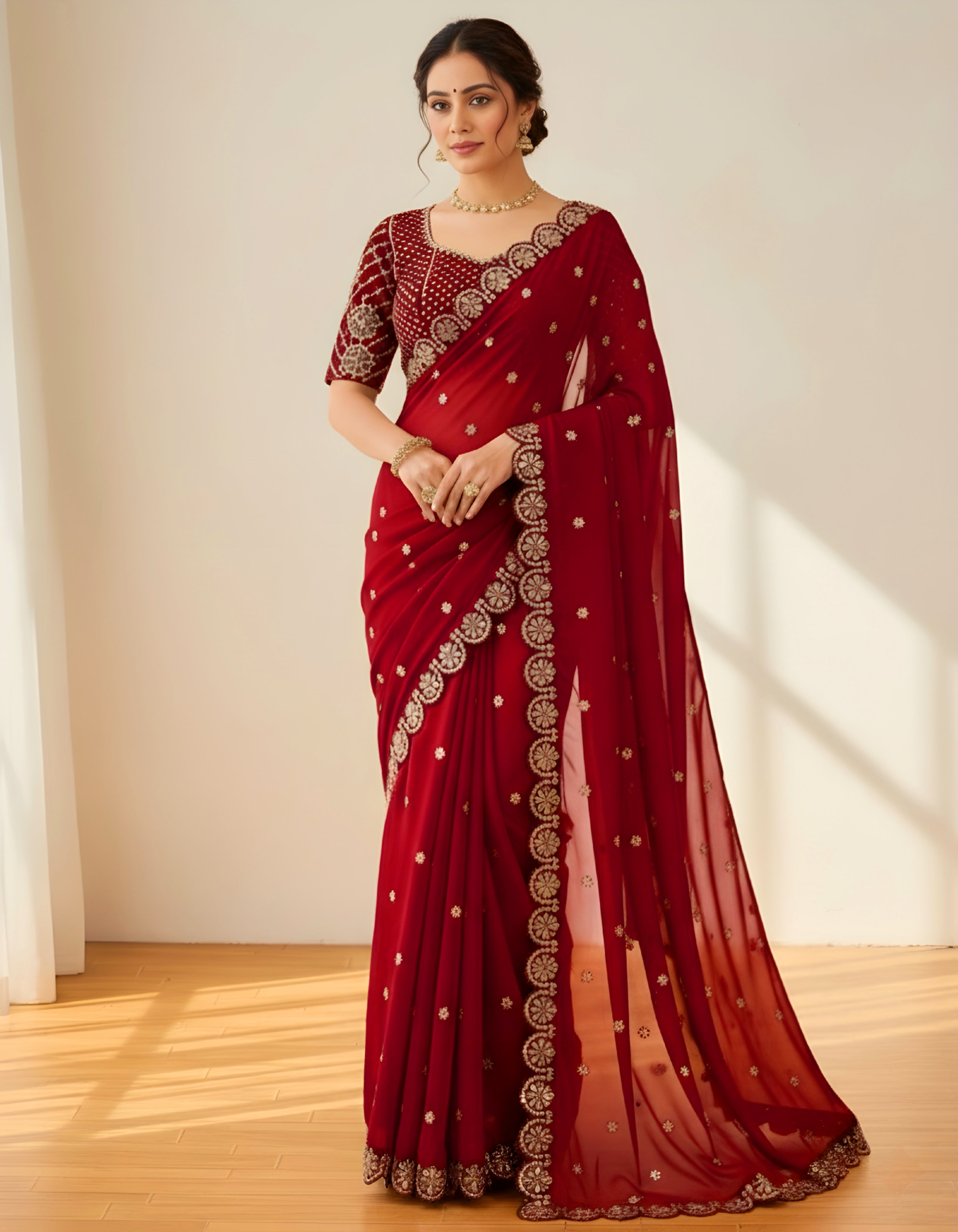 Exquisite Red Faux Georgette Saree with Real Mirror Work and Embroidery Blouse | Party Wear Saree