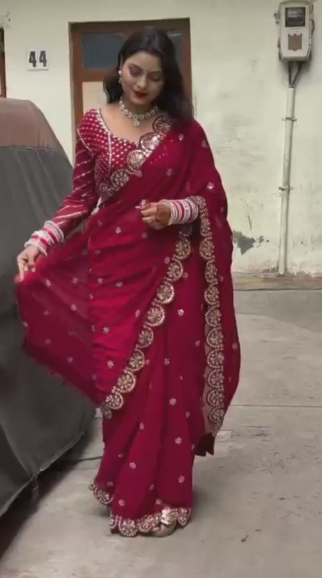 Exquisite Red Faux Georgette Saree with Real Mirror Work and Embroidery Blouse | Party Wear Saree
