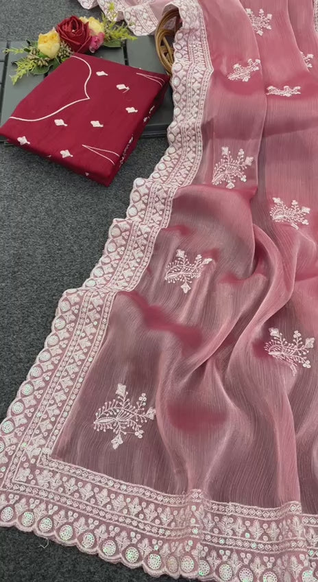Party wear Zimmy Choo Fabric Dual Colour Sequence Work with Thread Embroidery Work Designer Saree