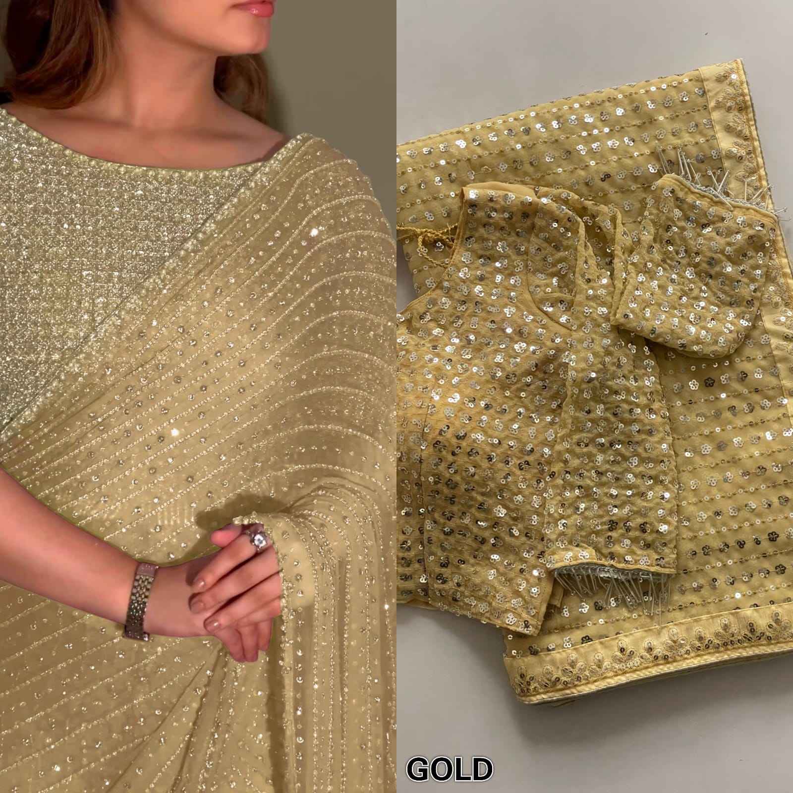 Party Wear Bollywood Luxury Georgette Sequins Work Saree with Embroidery Lace
--Special Edition