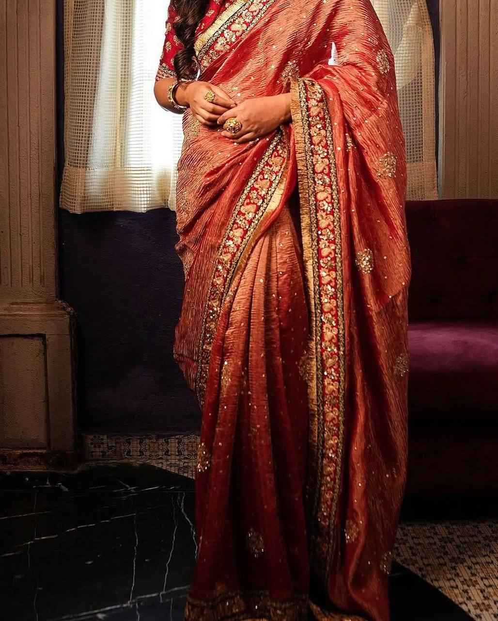 "Royal Banarasi Crush Saree with Heavy Sequin & Zari Embroidery with Handcrafted Border"