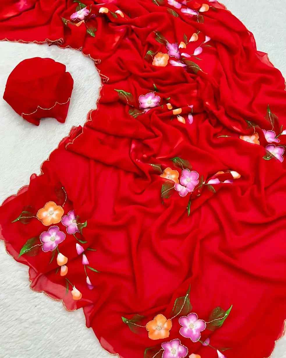 Party And Wedding Wear Handbrush Print Pure Georgette Soft Fabric Saree