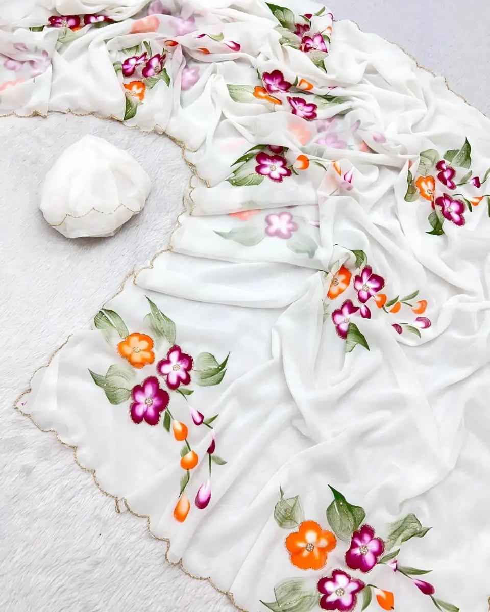 Party And Wedding Wear Handbrush Print Pure Georgette Soft Fabric Saree