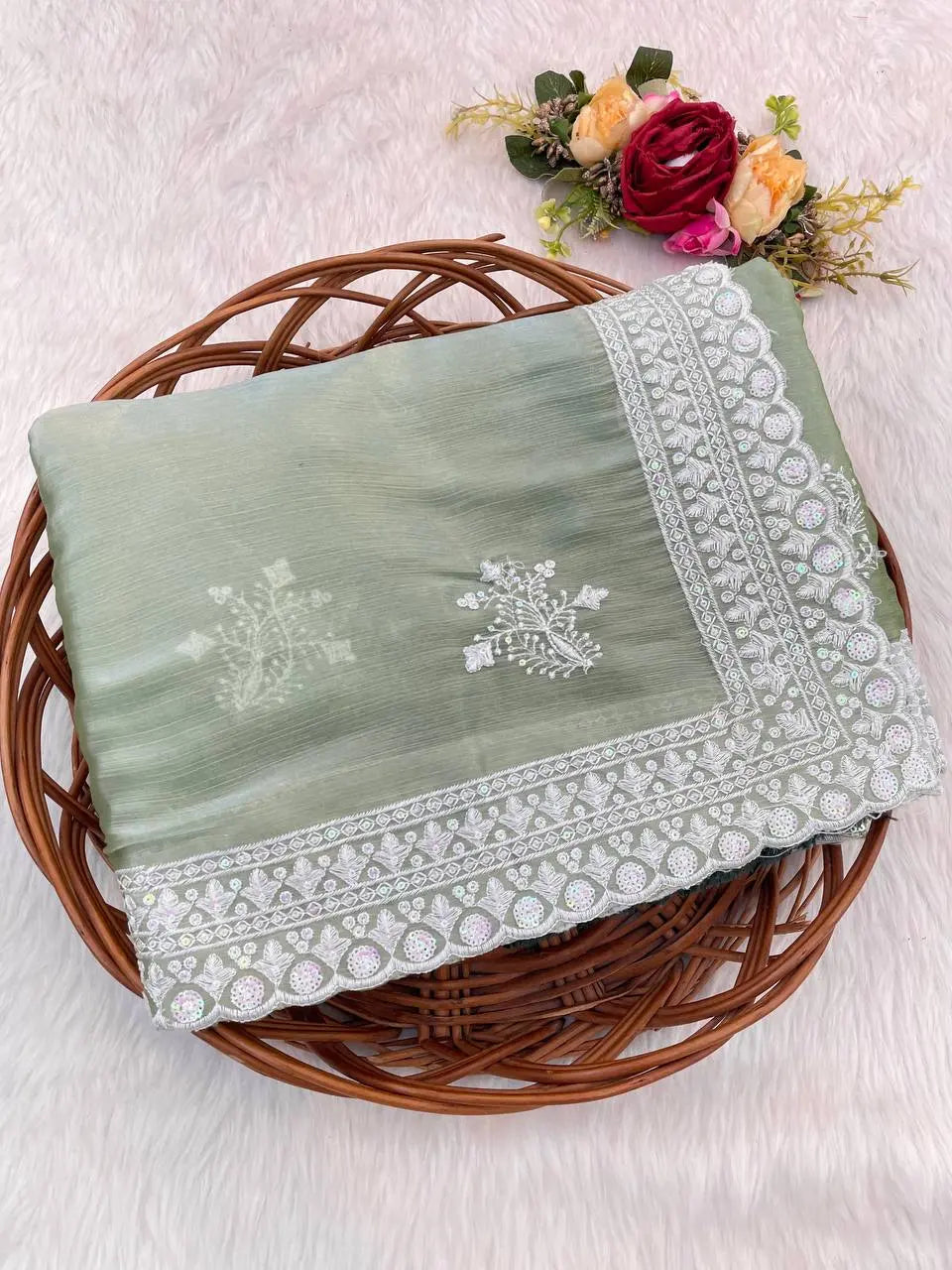 Party wear Zimmy choo Fabric Dual Colour sequence work with thread embroidery work Designer saree With Free saree blouse. Khatu vastra KHATU VASTRA