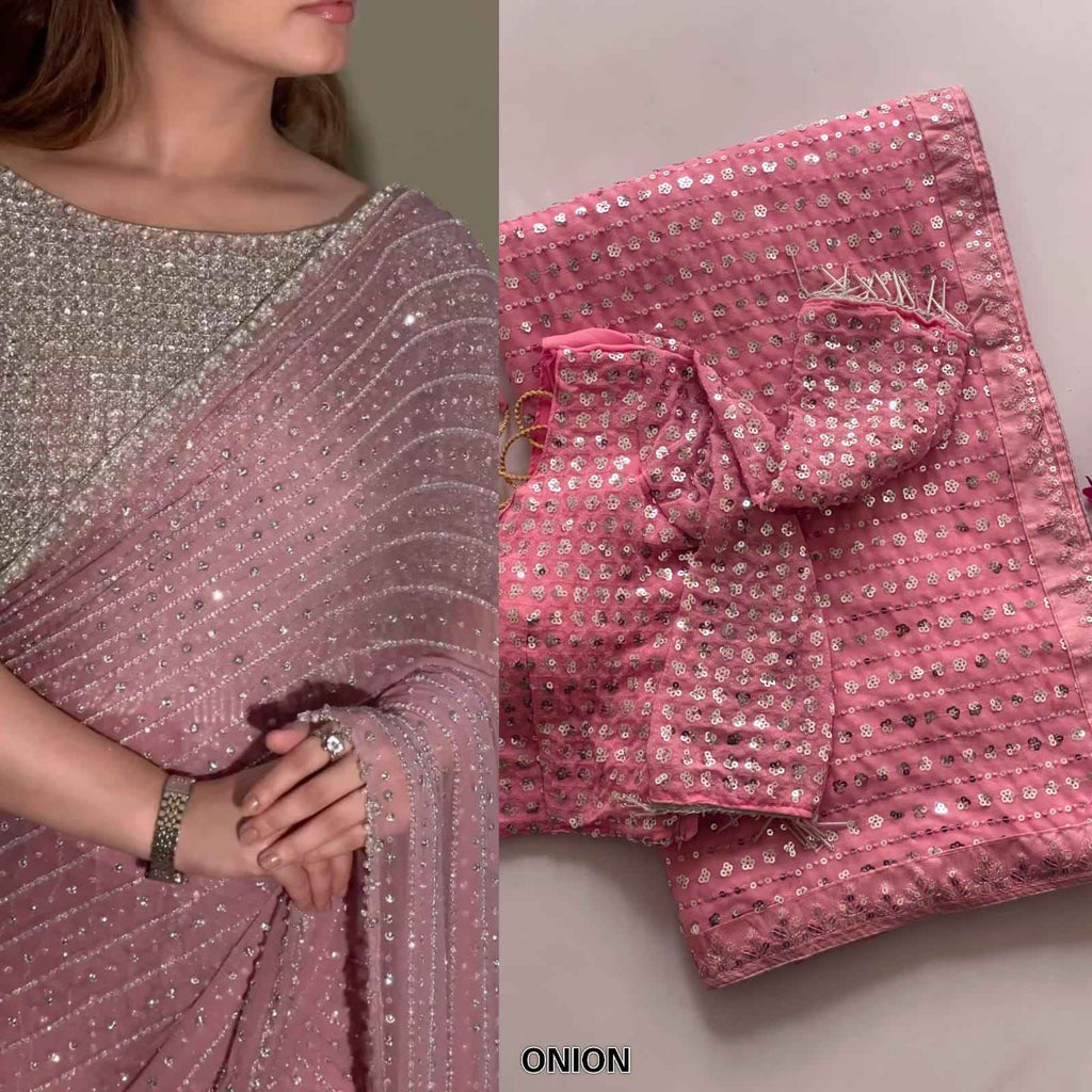 Party Wear Bollywood Luxury Georgette Sequins Work Saree with Embroidery Lace
--Special Edition