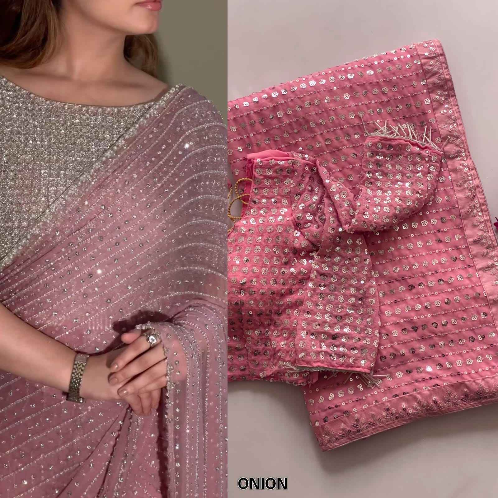 Party Wear Bollywood Luxury Georgette Sequins Work Saree with Embroidery Lace
--Special Edition