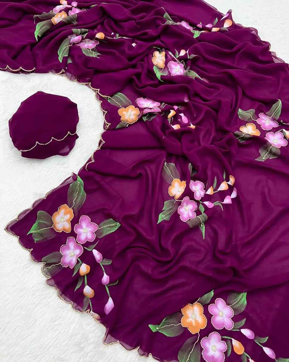 Party And Wedding Wear Handbrush Print Pure Georgette Soft Fabric Saree