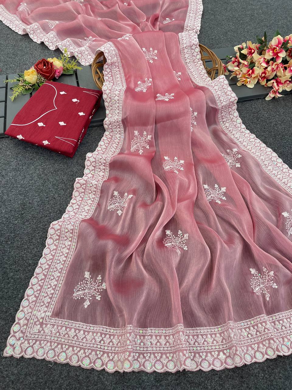 Party wear Zimmy choo Fabric Dual Colour sequence work with thread embroidery work Designer saree With Free saree blouse. Khatu vastra KHATU VASTRA