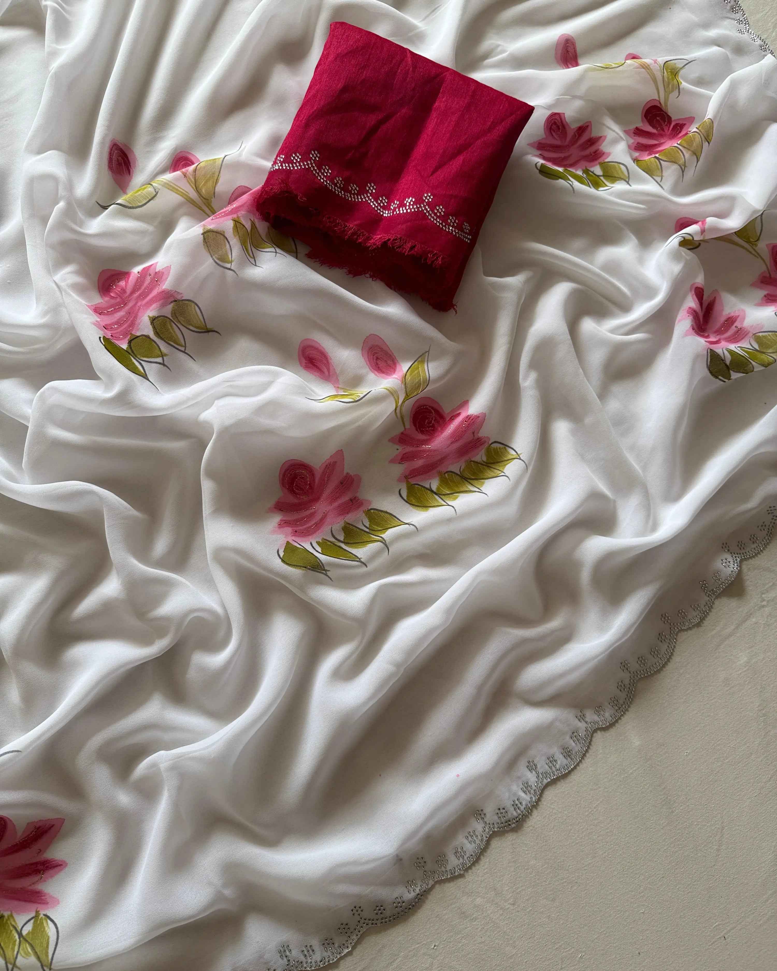 New Wedding Handbrush Print Fancy Designer Saree with Blouse ✨ Pure chiffon Georgette saree ✅🎁