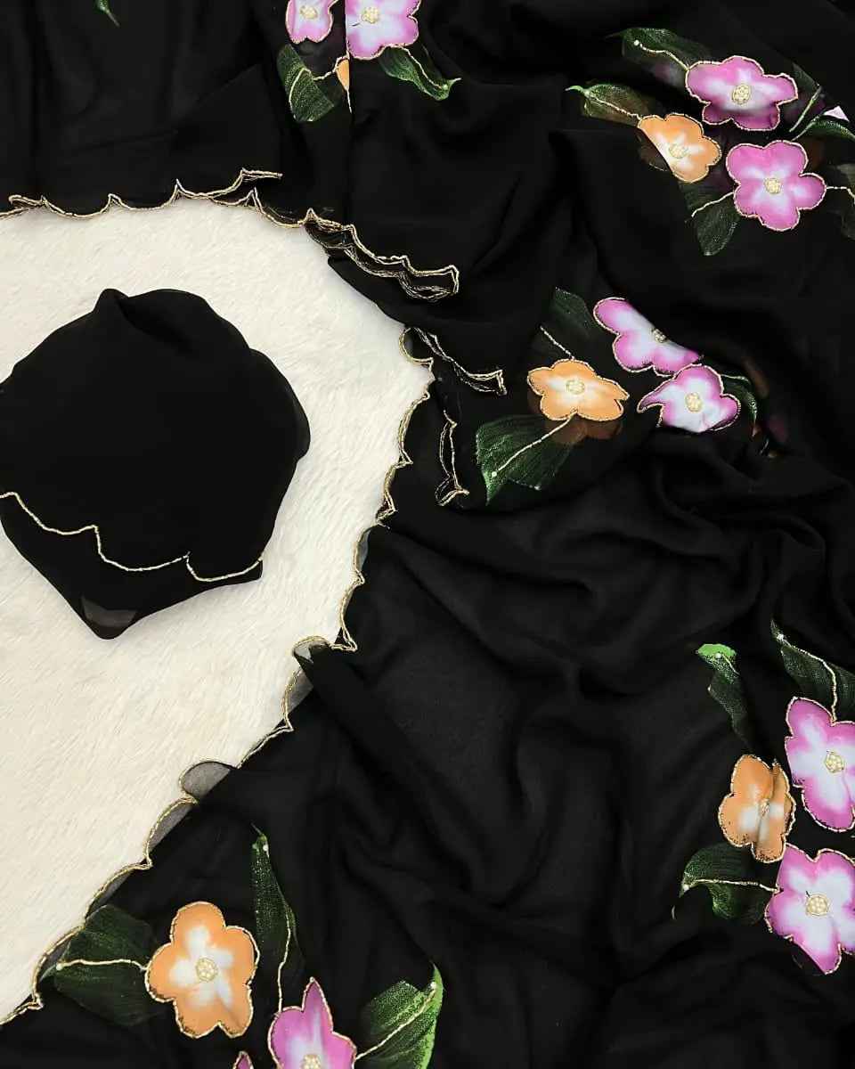 Party And Wedding Wear Handbrush Print Pure Georgette Soft Fabric Saree