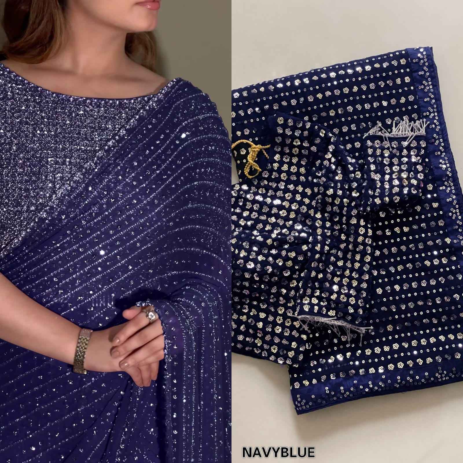 Party Wear Bollywood Luxury Georgette Sequins Work Saree with Embroidery Lace
--Special Edition
