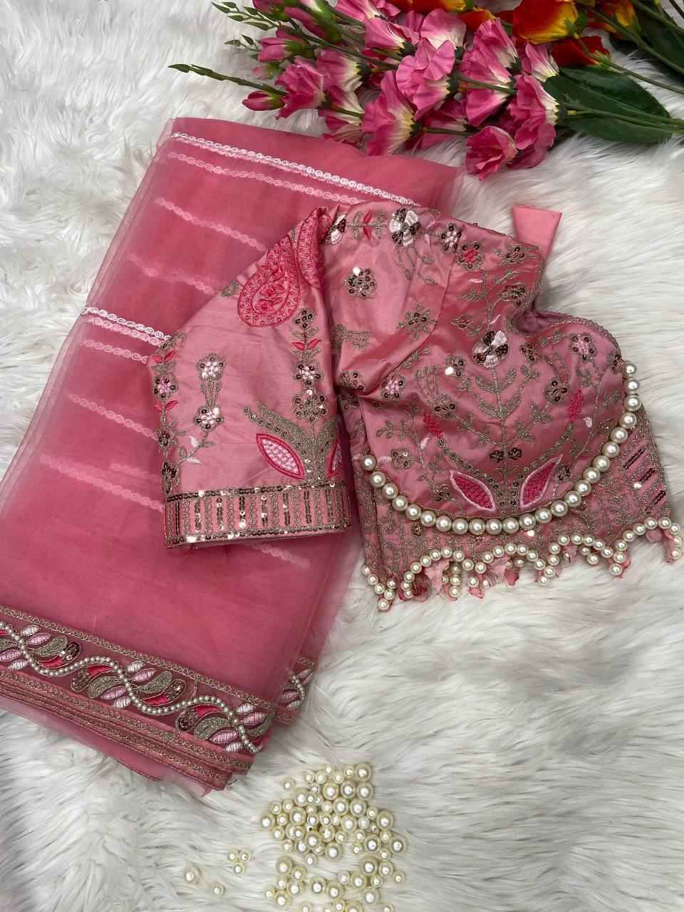 "Royal Net Embroidery Premium Designer Saree with Hand Diamond Work -2500 Diamond Lace Border"