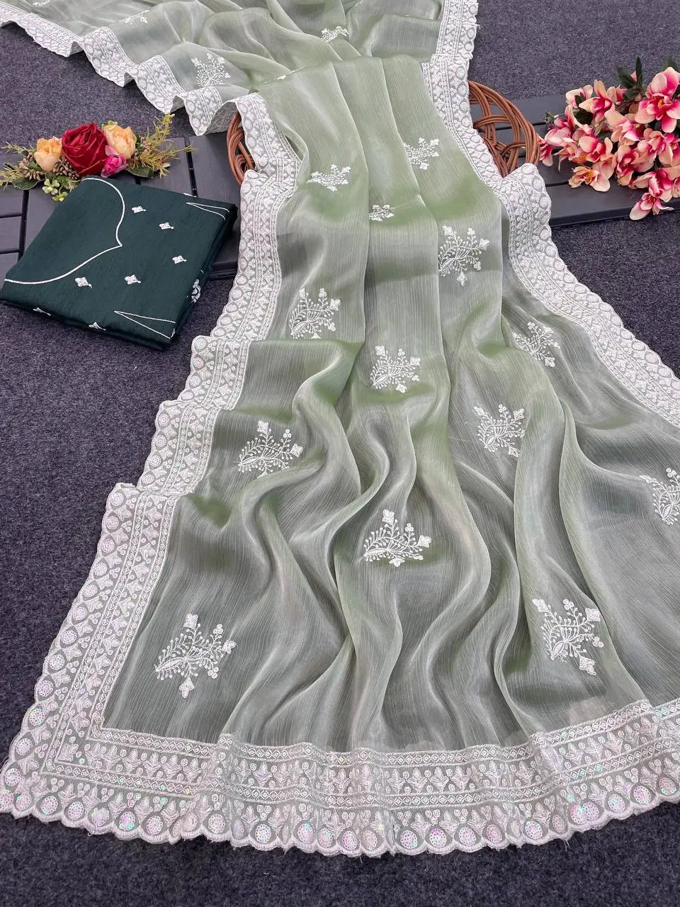 Party wear Zimmy choo Fabric Dual Colour sequence work with thread embroidery work Designer saree With Free saree blouse. Khatu vastra KHATU VASTRA
