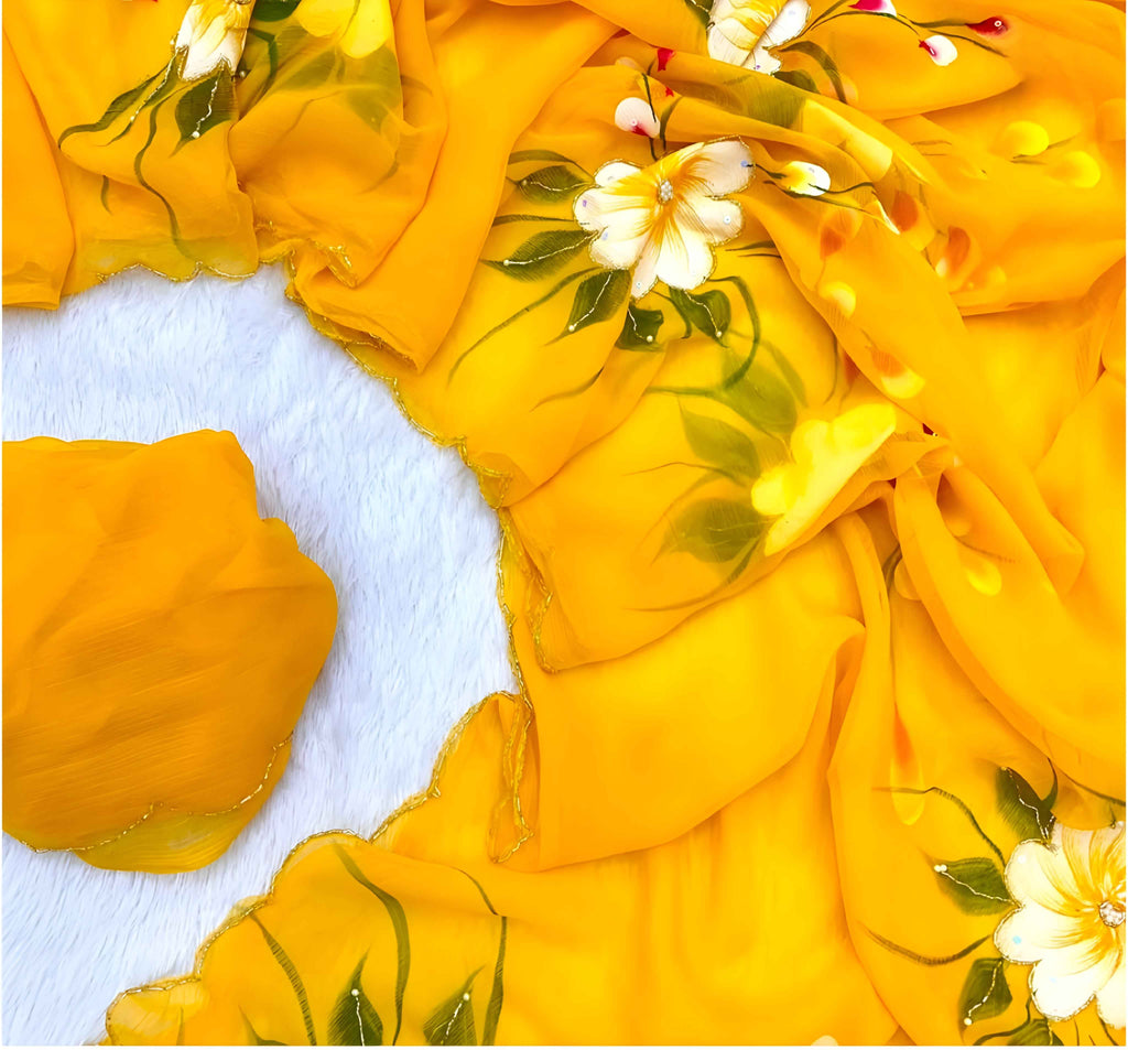 "Sunshine Bloom – Hand Brush Painted Georgette Saree Elegant Floral Print Georgette Saree in Yellow"