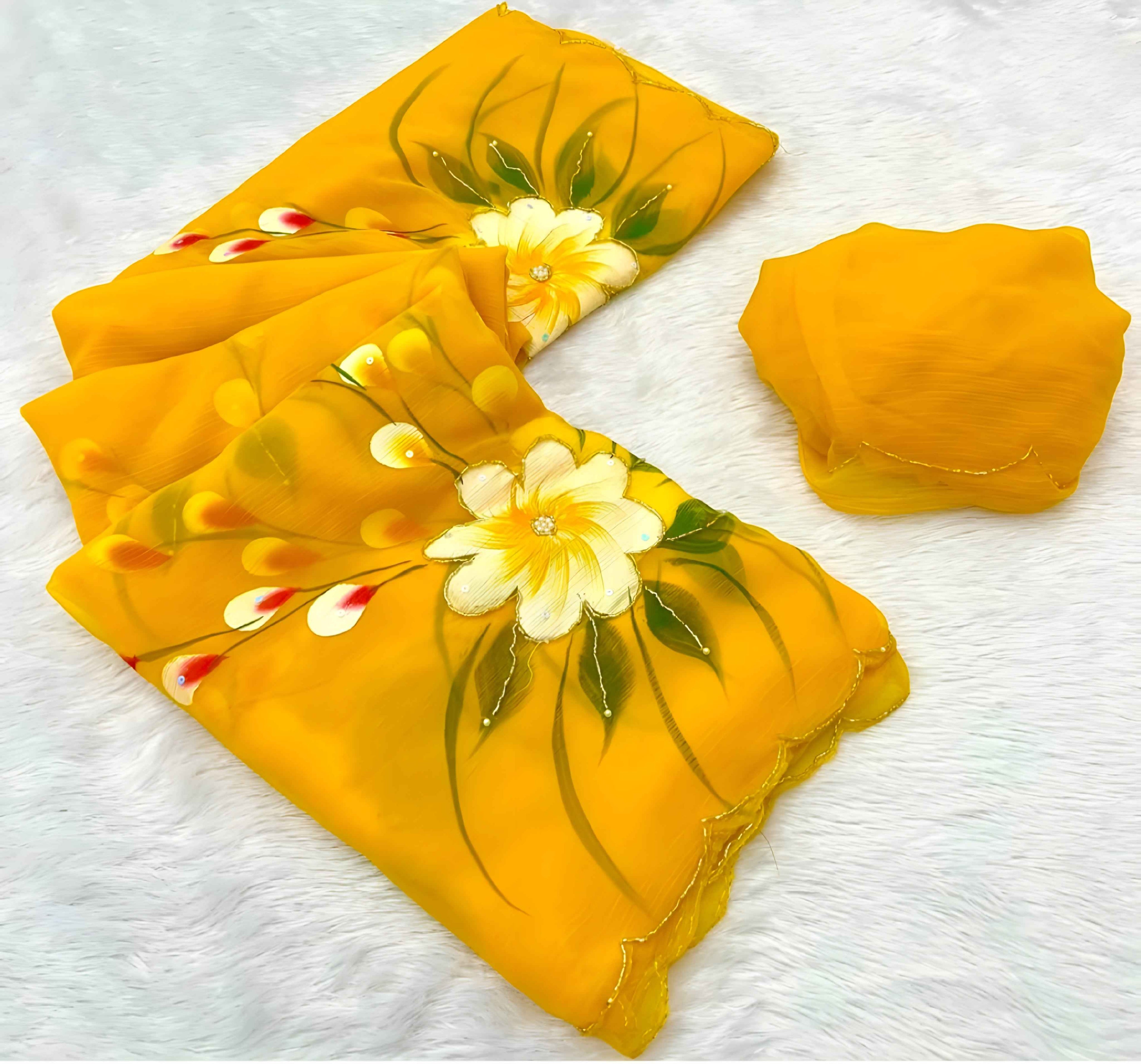 "Sunshine Bloom – Hand Brush Painted Georgette Saree Elegant Floral Print Georgette Saree in Yellow"