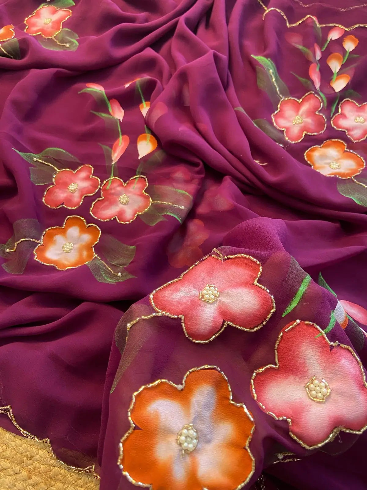 Party wear Georgette saree with Handcrafted work Brushprint and Cutdana work KHATU VASTRA