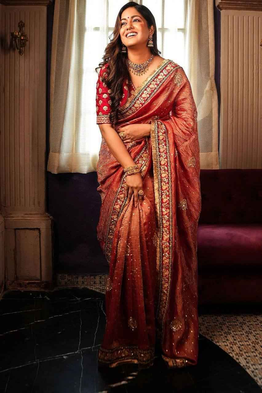 "Royal Banarasi Crush Saree with Heavy Sequin & Zari Embroidery with Handcrafted Border"