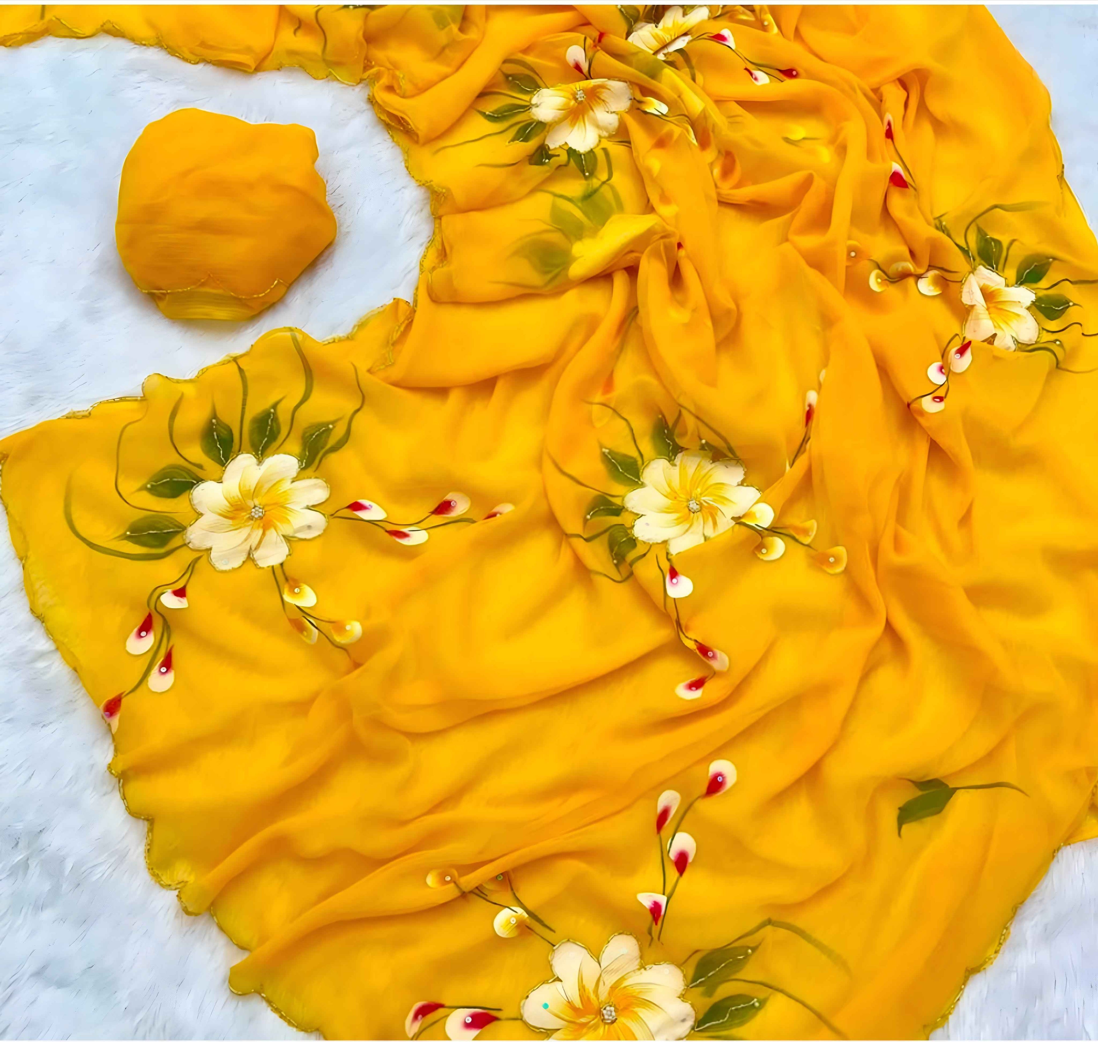 "Sunshine Bloom – Hand Brush Painted Georgette Saree Elegant Floral Print Georgette Saree in Yellow"