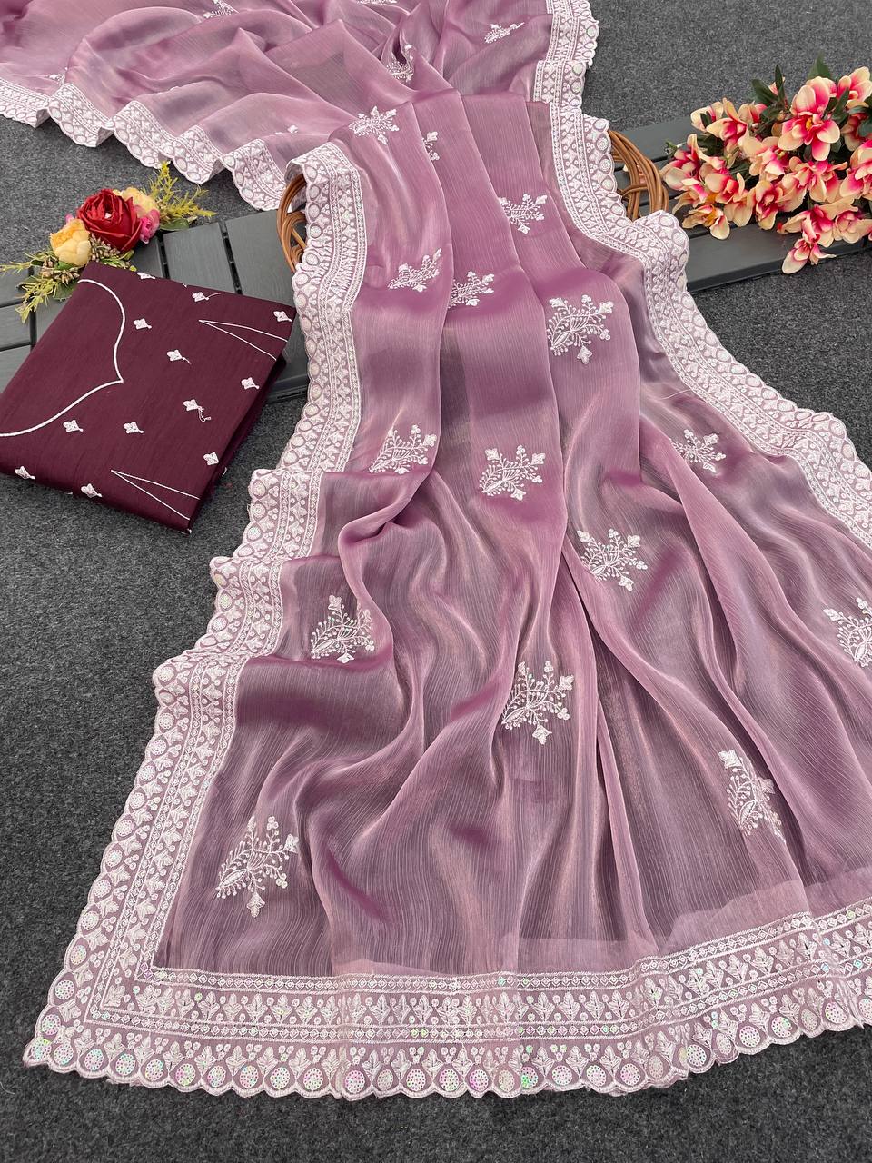 Party wear Zimmy choo Fabric Dual Colour sequence work with thread embroidery work Designer saree With Free saree blouse. Khatu vastra KHATU VASTRA
