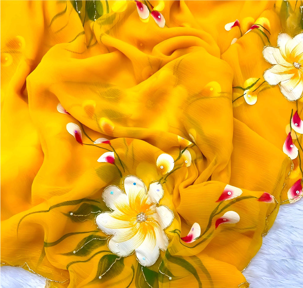 "Sunshine Bloom – Hand Brush Painted Georgette Saree Elegant Floral Print Georgette Saree in Yellow"
