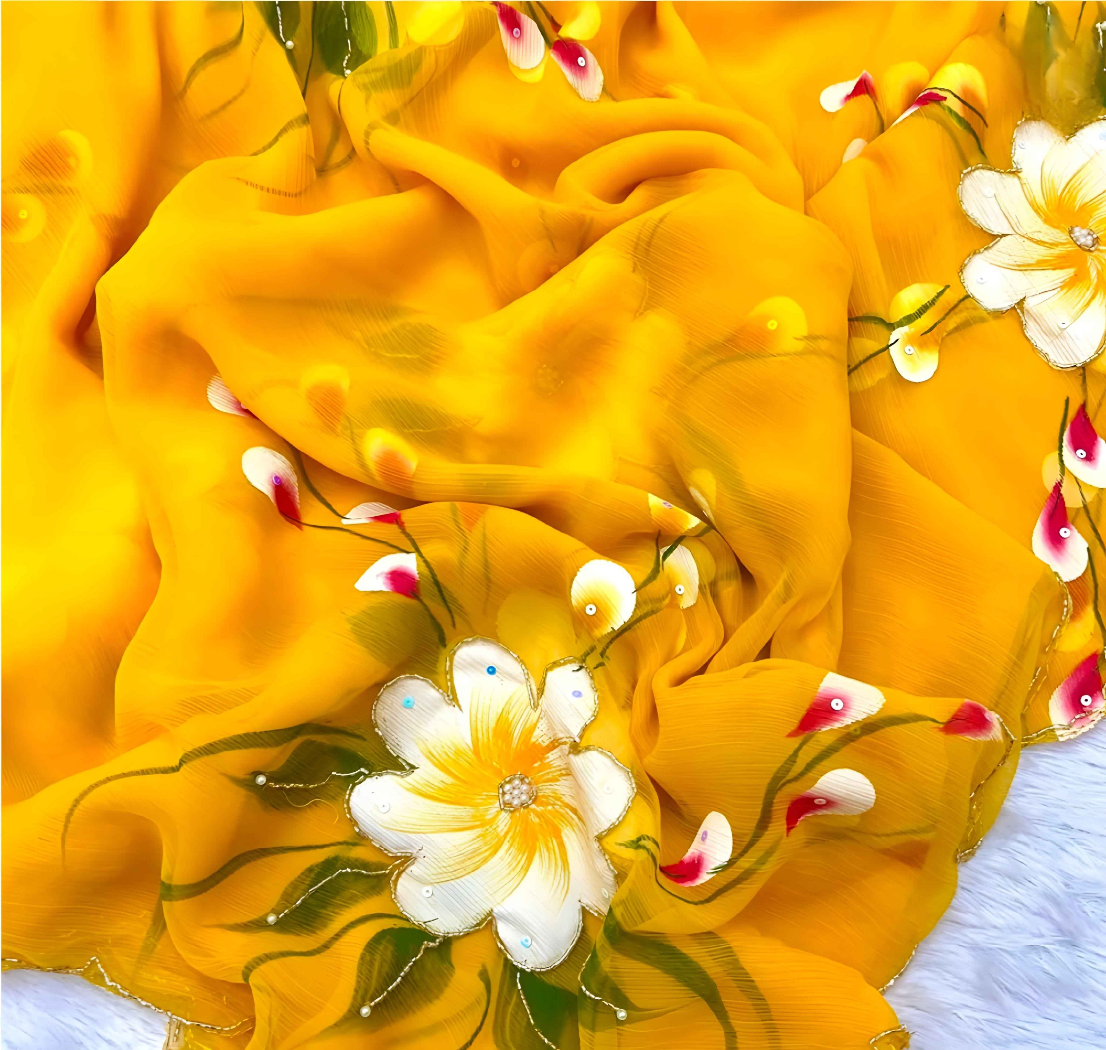 "Sunshine Bloom – Hand Brush Painted Georgette Saree Elegant Floral Print Georgette Saree in Yellow"