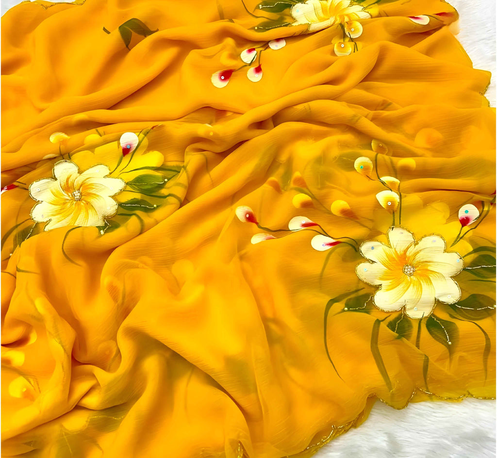 "Sunshine Bloom – Hand Brush Painted Georgette Saree Elegant Floral Print Georgette Saree in Yellow"