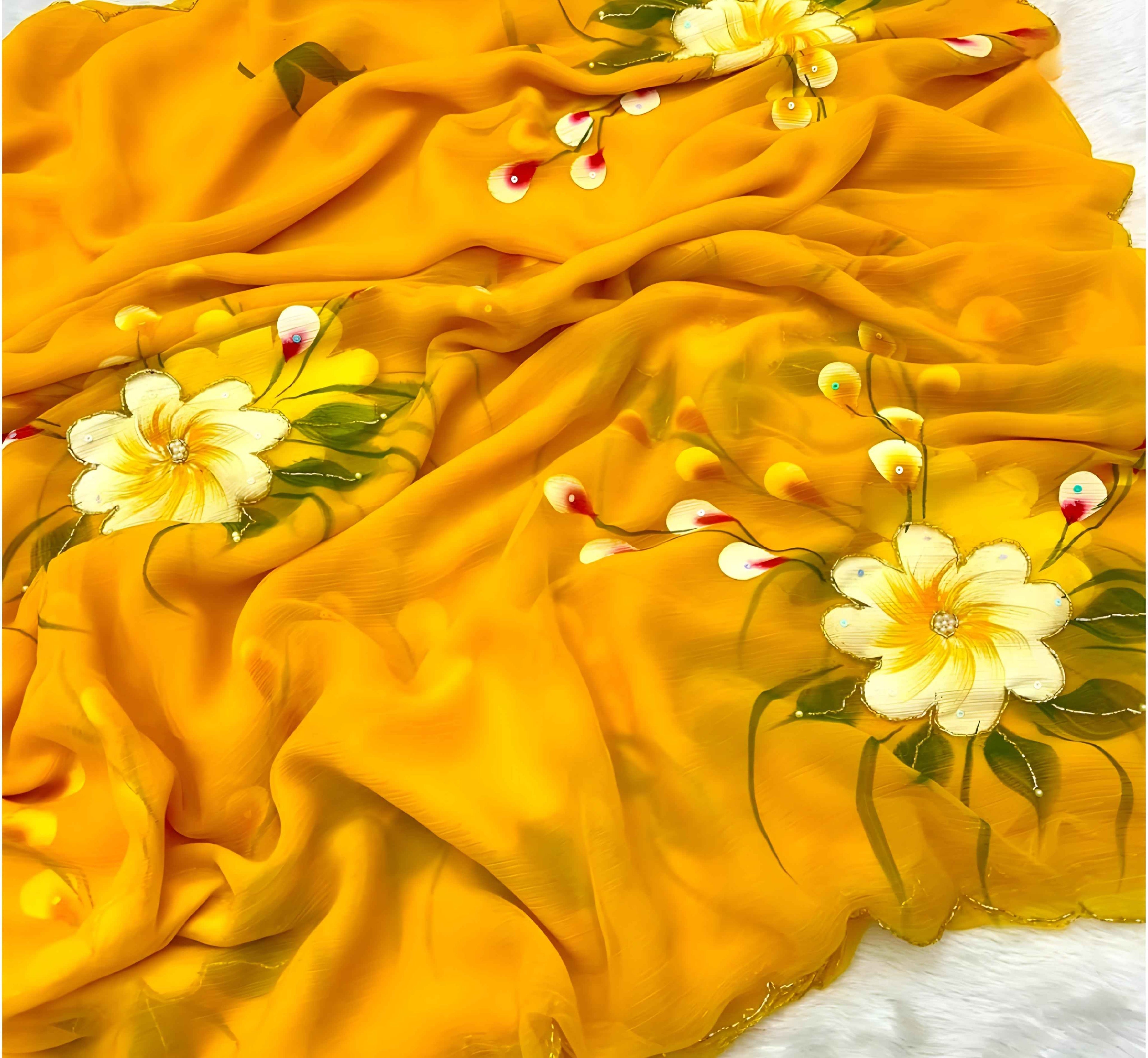 "Sunshine Bloom – Hand Brush Painted Georgette Saree Elegant Floral Print Georgette Saree in Yellow"