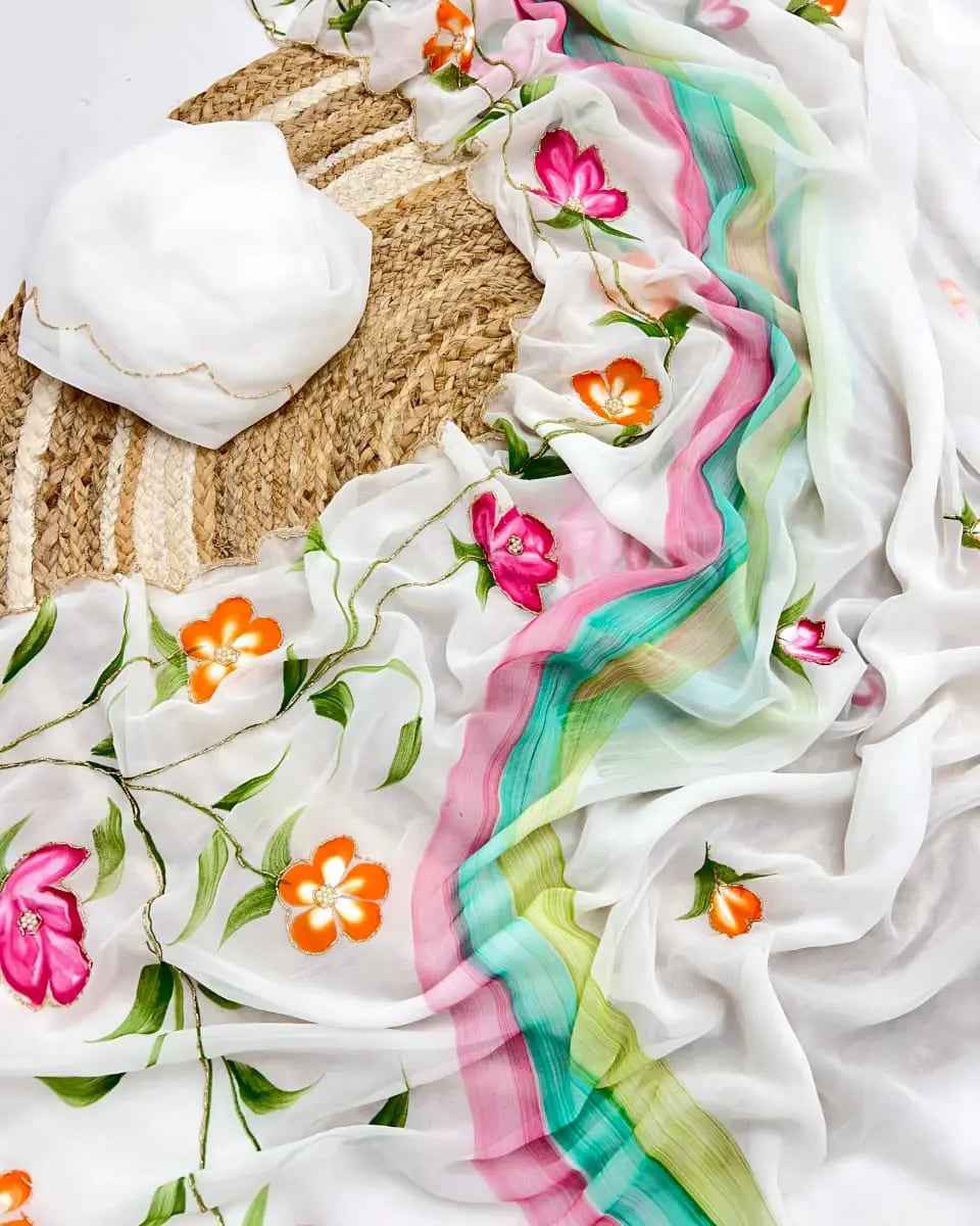 New Wedding✨ wear and Party Wear🥻 Top Trending Hand work🥰 saree With Free Blouse✅