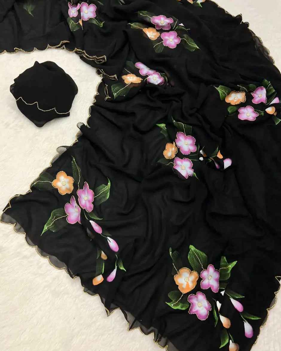 Party And Wedding Wear Handbrush Print Pure Georgette Soft Fabric Saree
